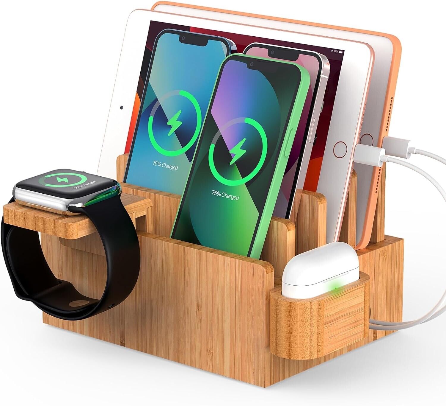 Bamboo Charging Station Organizer for Multiple Devices Desktop Docking Stations-Tech4Fun