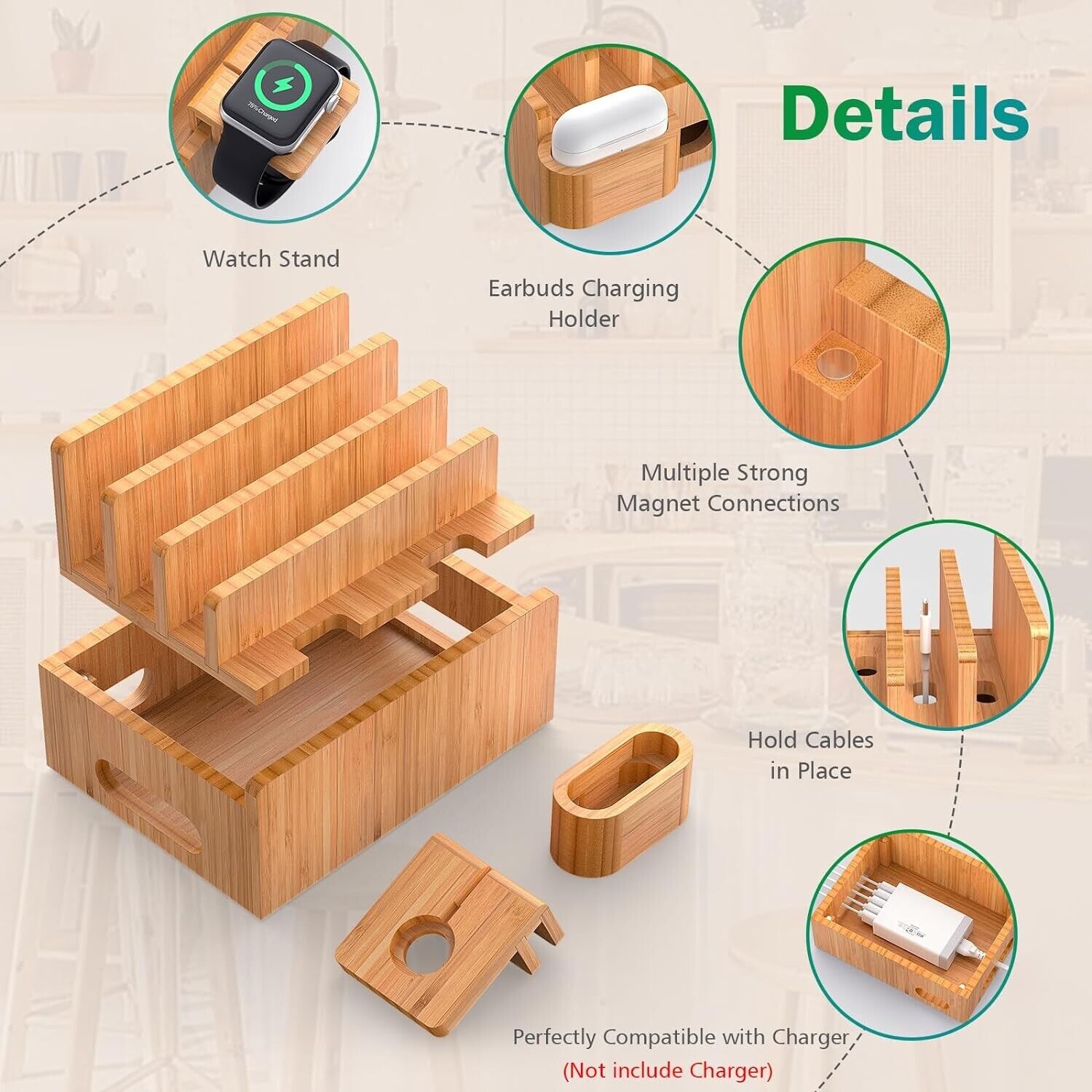 Bamboo Charging Station Organizer for Multiple Devices Desktop Docking Stations-Tech4Fun