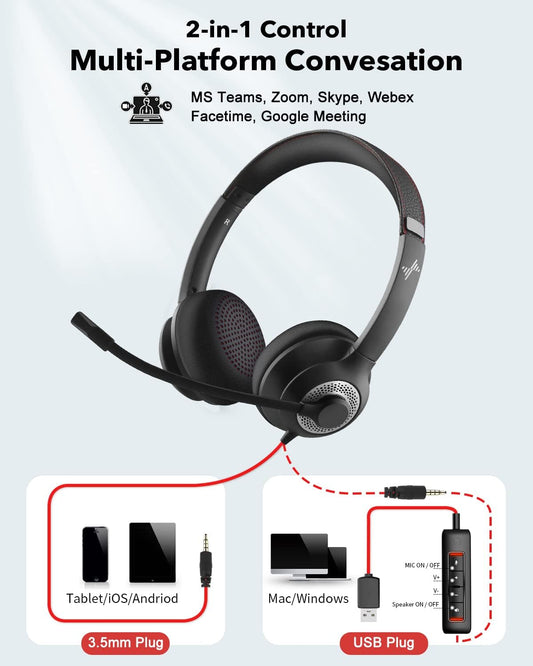 USB Headset with Mic for PC with Noise Cancellation