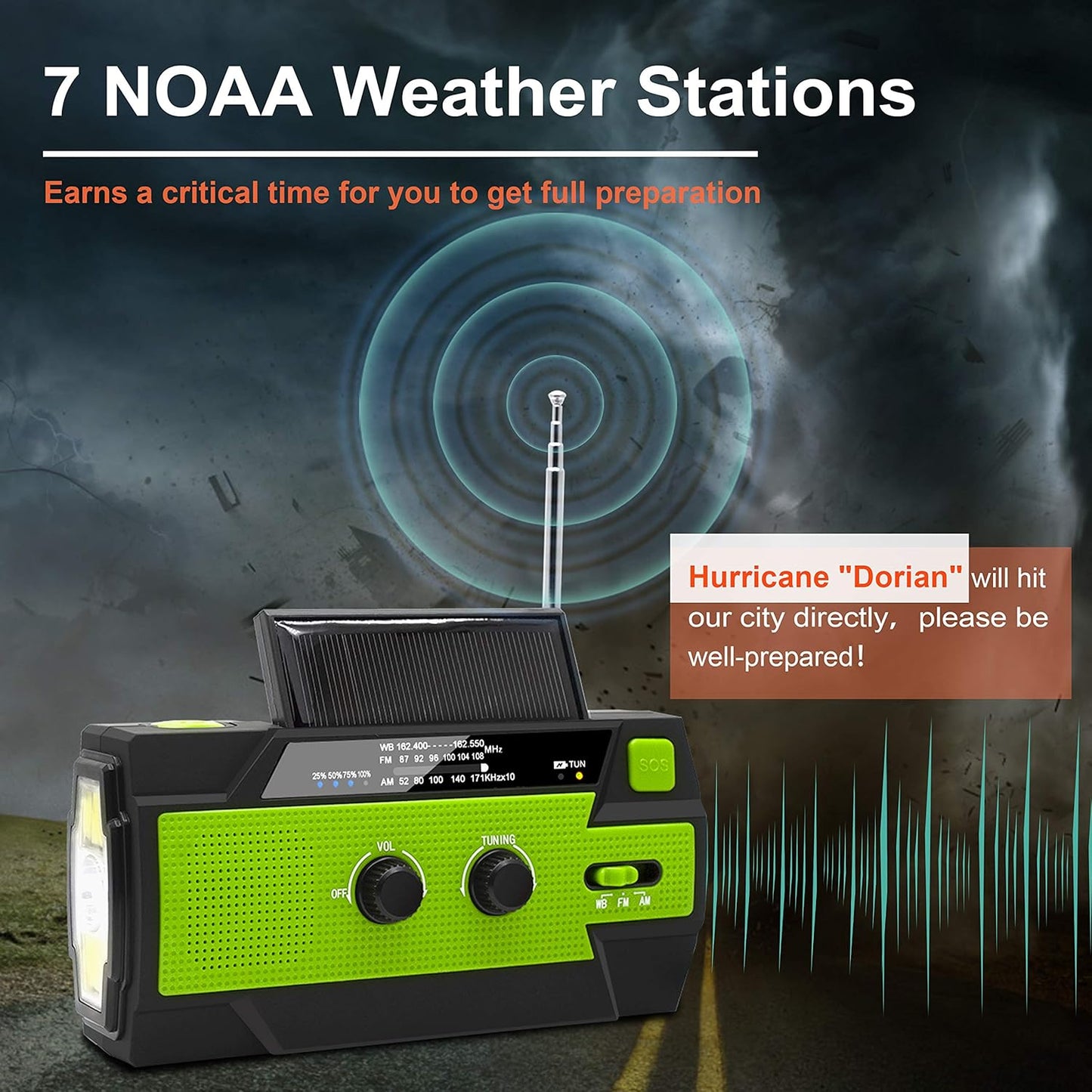 NOAA Emergency Weather Radio,5000mAh Weather Alert Radio,Solar Charging,Hand Crank; USB Charged,Portable AM/FM/SW Radio