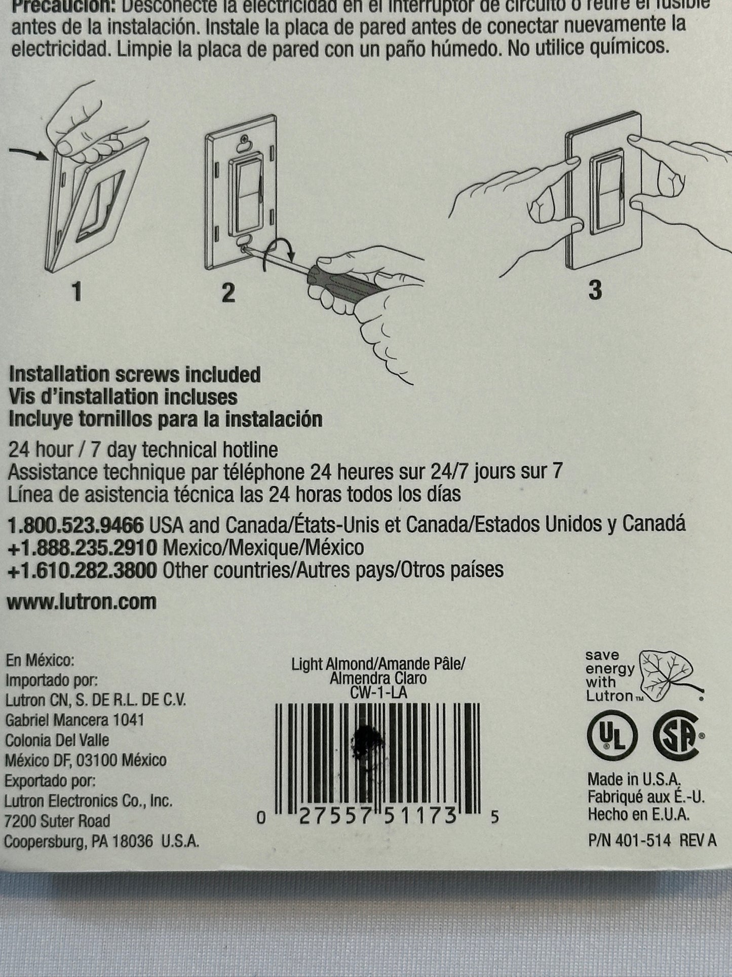 Lutron CW-1-LA Claro Decora 1-Gang Screwless Wallplate, Light Almond